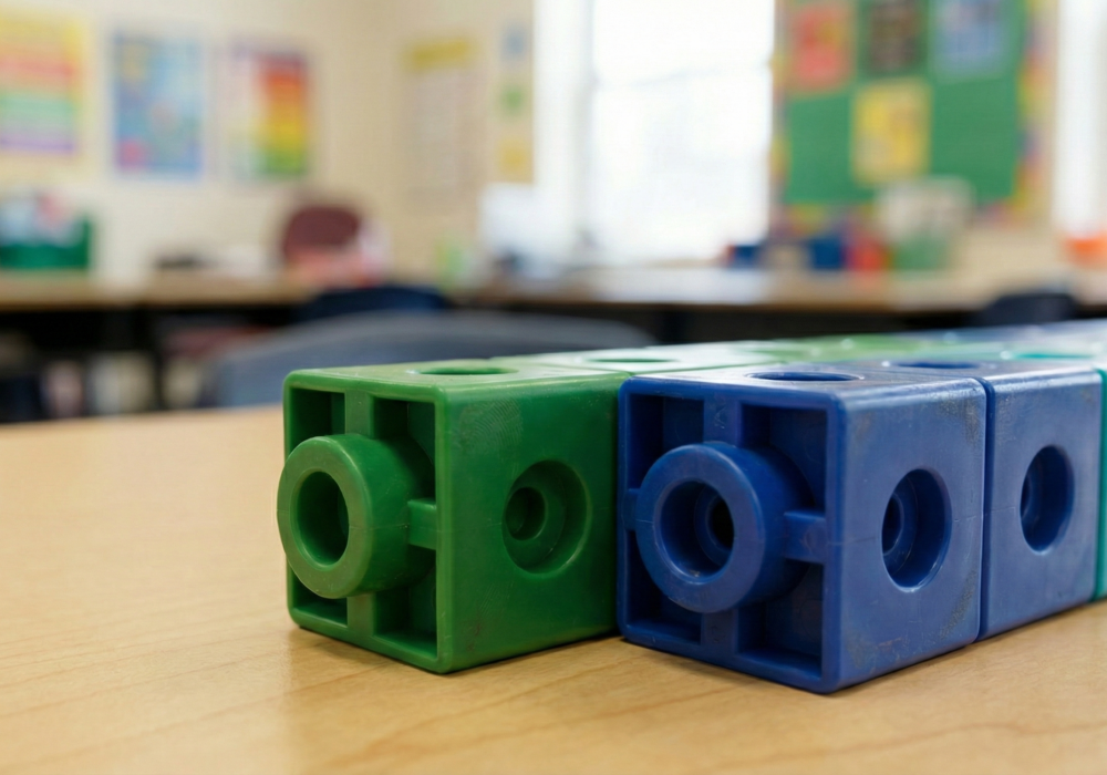 Math counting cubes in green, blue and light blue.